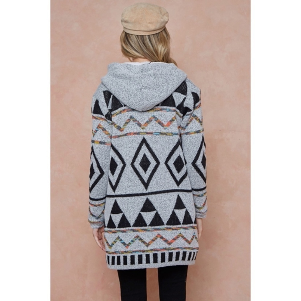 Gray Multi Sweater Hooded Long Knit Cardigan Sweater w/ Sherpa Lining - Picture 5 of 7